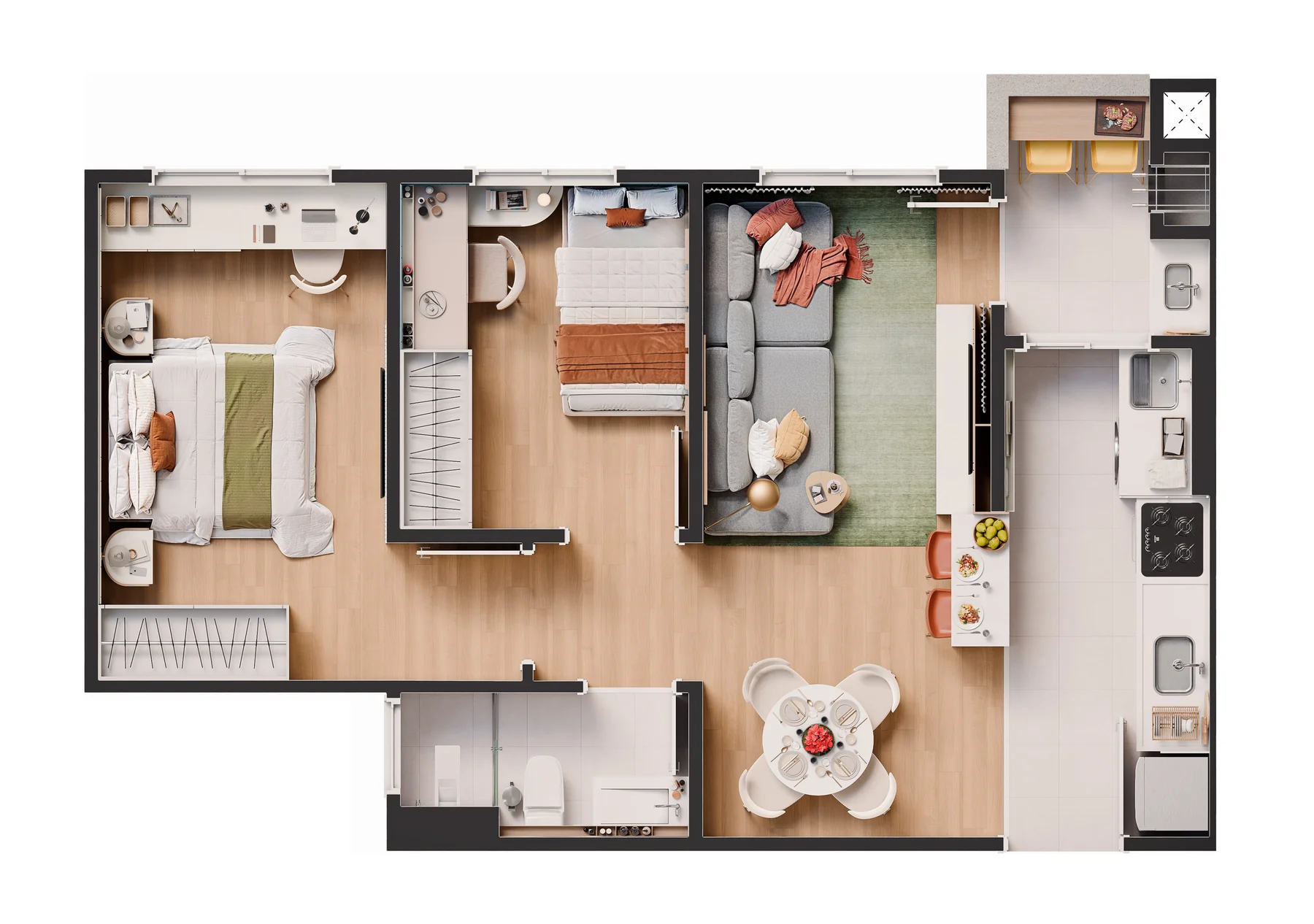 Planta humanizada Final 01 do Residencial Paulista, apartamento de 51,67 m² com 2 quartos e sacada gourmet em Maringá