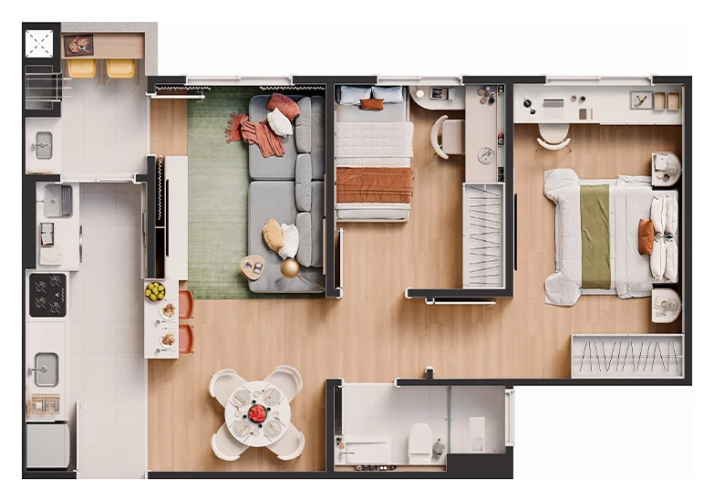 Planta Final 02 do Residencial Paulista em Maringá, apartamento de 51,67 m² com 2 dormitórios