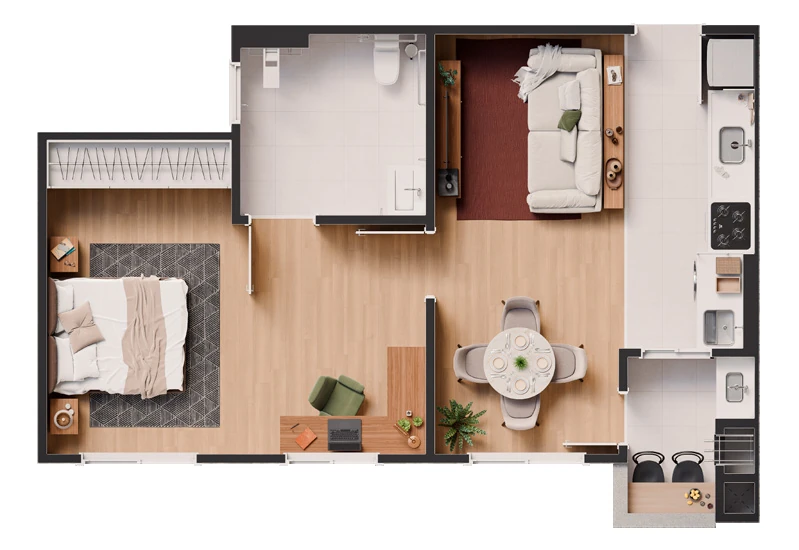 Planta do apartamento térreo de 52 m² com 1 suíte no Residencial Paulista, Maringá