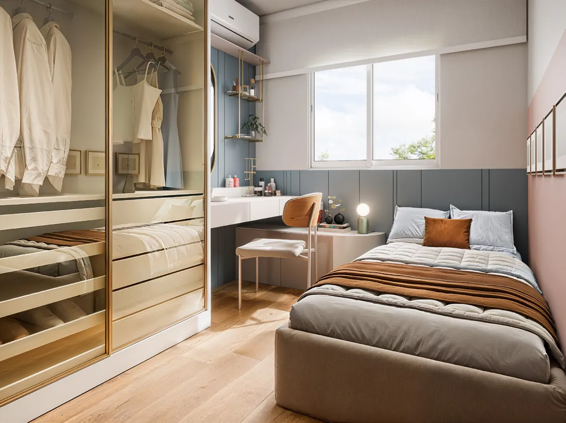 Segundo quarto com guarda-roupa e escrivaninha no Residencial Paulista