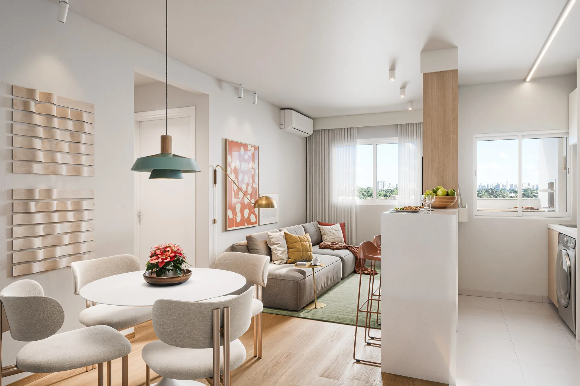 Sala de estar e jantar integrada à cozinha no apartamento decorado do Residencial Paulista em Maringá