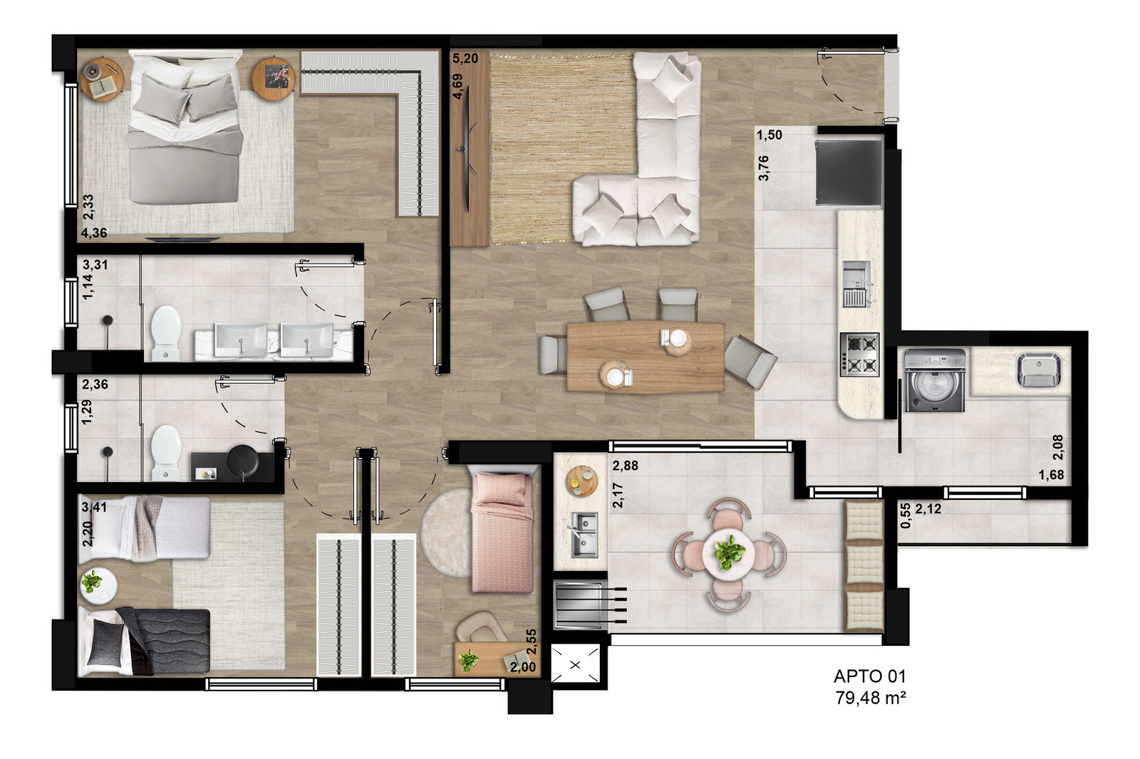 Planta com cotas apartamento 79,25m² Sequoia