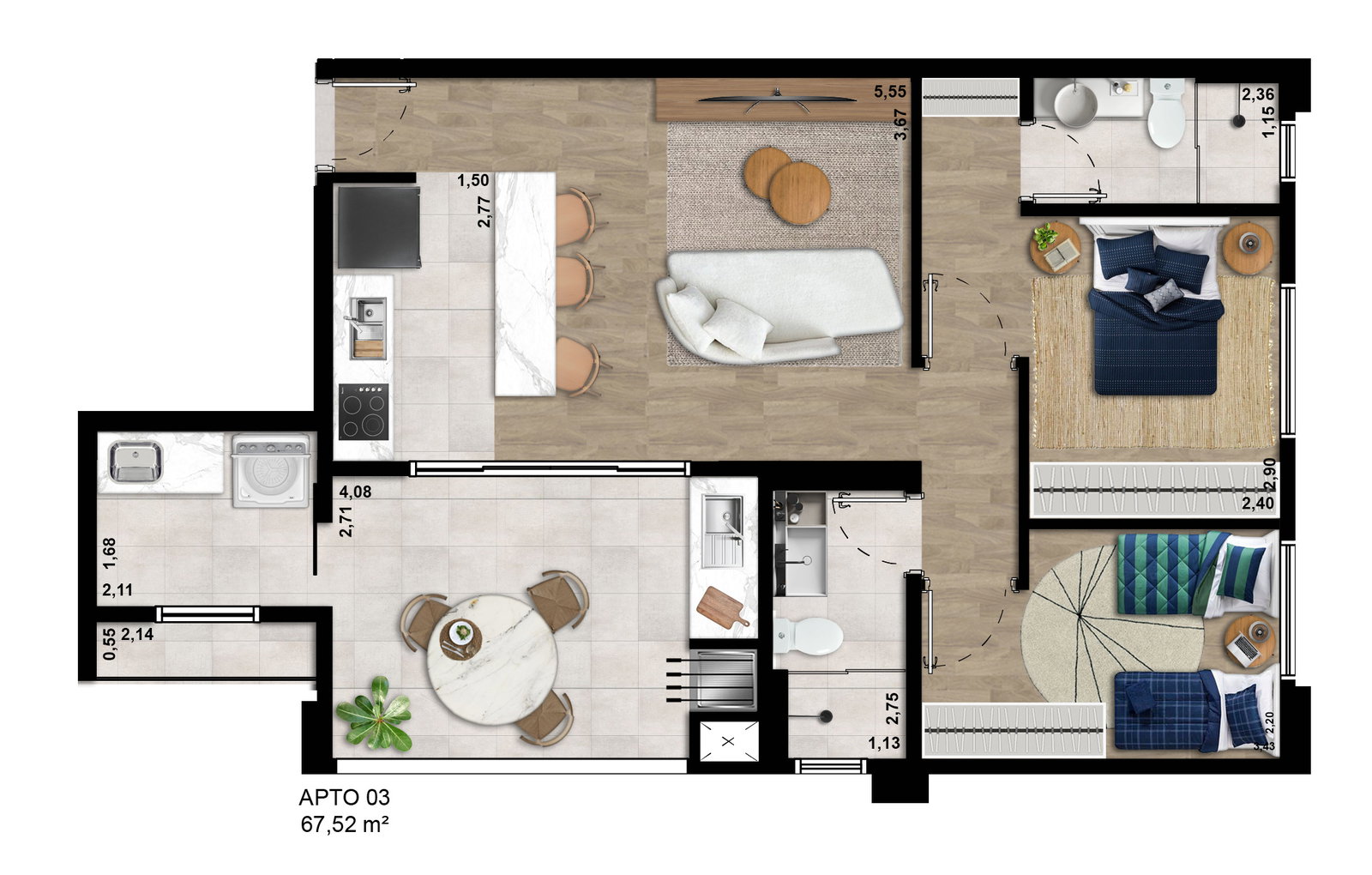 Planta com cotas apartamento 67,56m² Sequoia