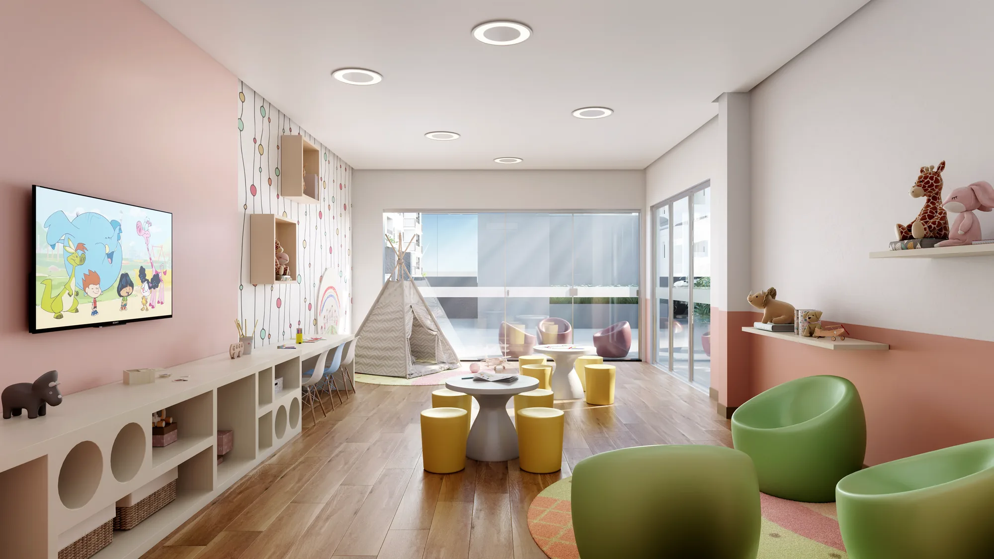 Espaço Kids do Sensia Jardim com cabana e mobiliário infantil