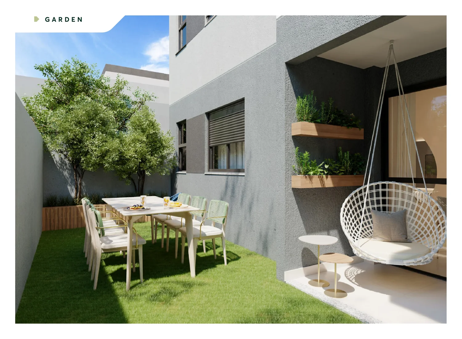 Apartamento garden com balanço suspenso e área verde privativa no Sensia Jardim