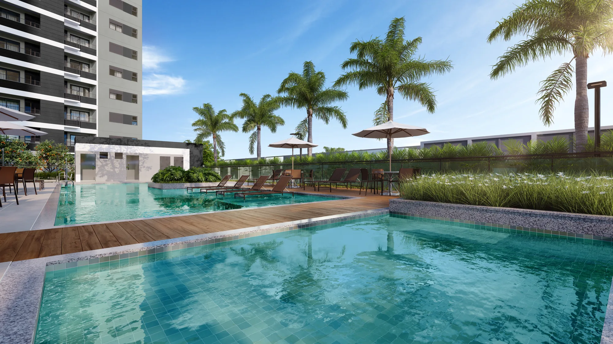 Piscina do Sensia Jardim em Maringá com paisagismo e deck