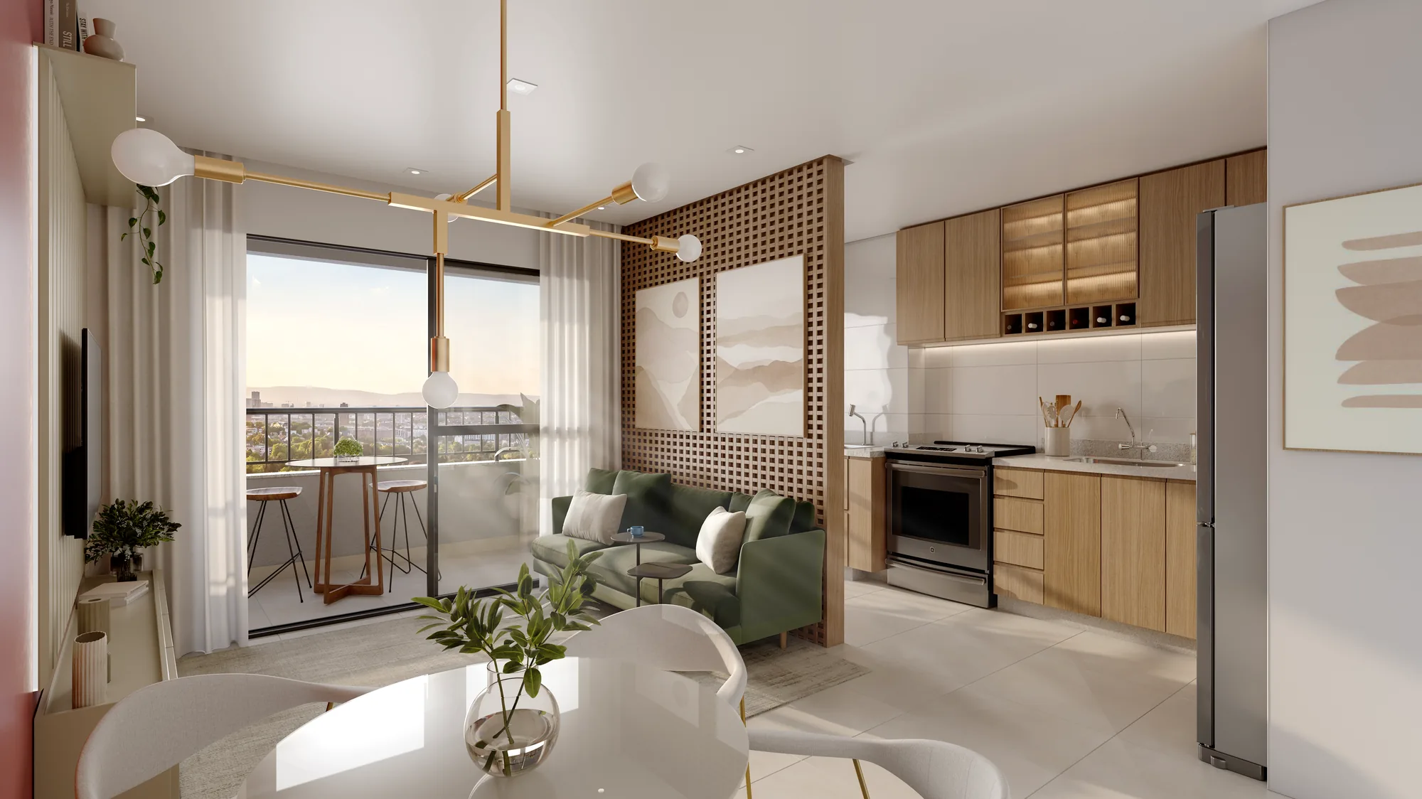 Sala e cozinha integradas com varanda gourmet no Sensia Jardim em Maringá