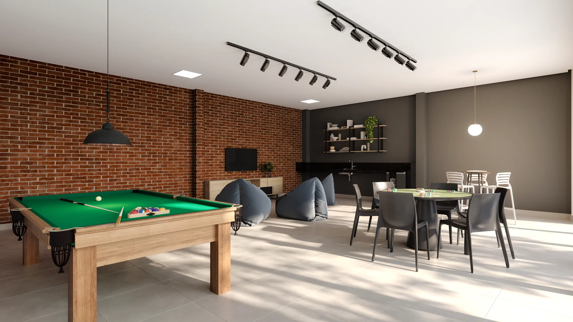 Salão de jogos do Sensia Jardim com mesa de bilhar e poker em Maringá