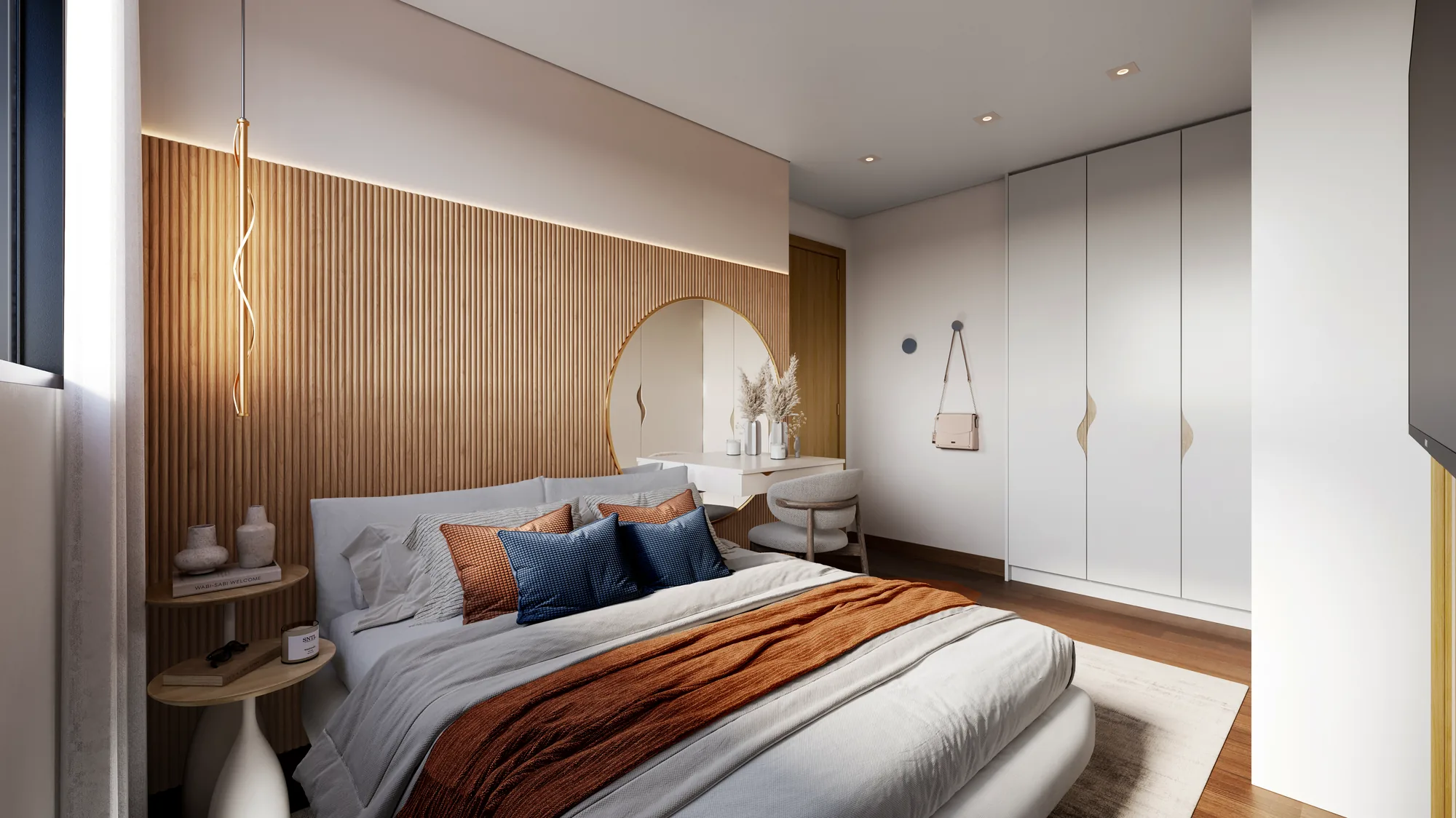 Suíte com painel ripado e cama king no Sensia Jardim em Maringá