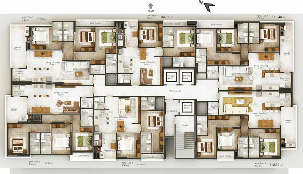 Plantas do Setúbal Península de: opções de 2 e 3 suítes com living integrado e sacada com churrasqueira