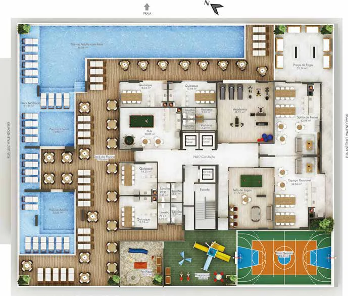 Planta do rooftop do Setúbal com piscinas, quiosques, academia, pub, gourmet, kids e lounge