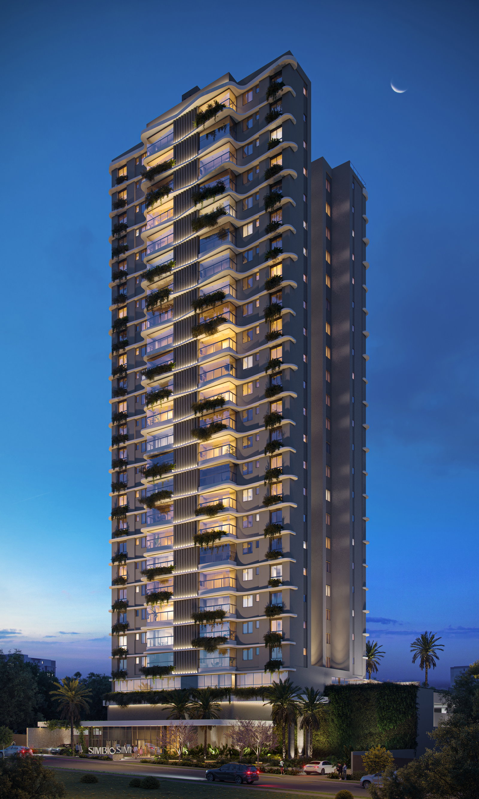 Fachada noturna do Simbio em Maringá - Marluc Construtora