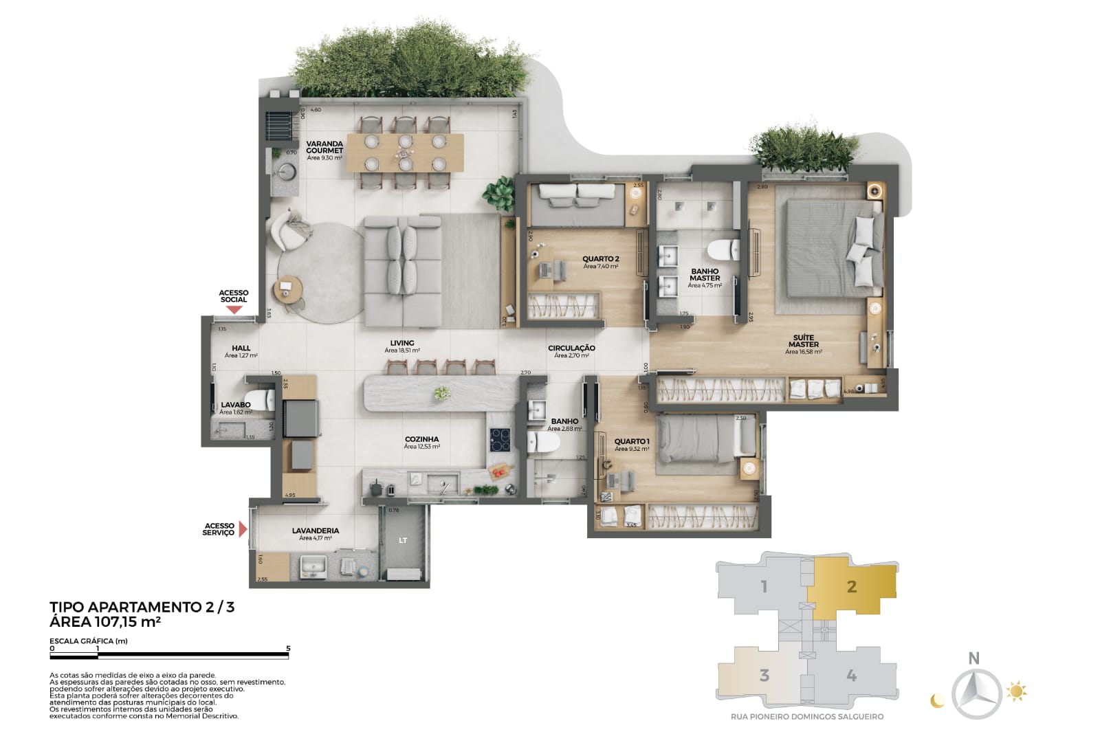 Planta baixa Simbio 107m² com 1 suíte e 2 quartos