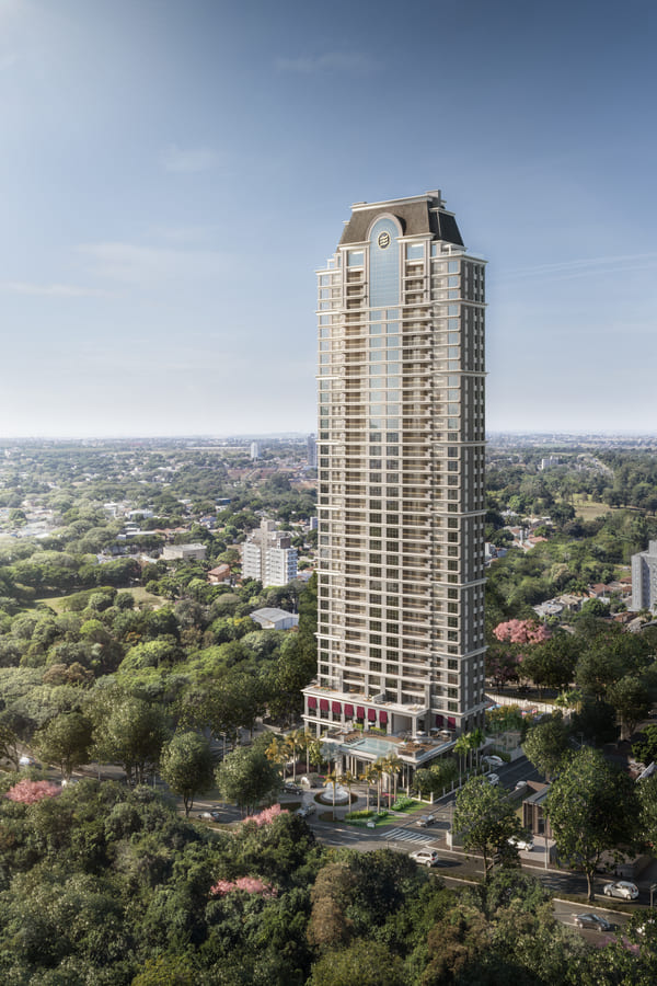 Torre do Solaia Exclusive Residences em Maringá vista aérea com vegetação do Parque do Ingá ao redor
