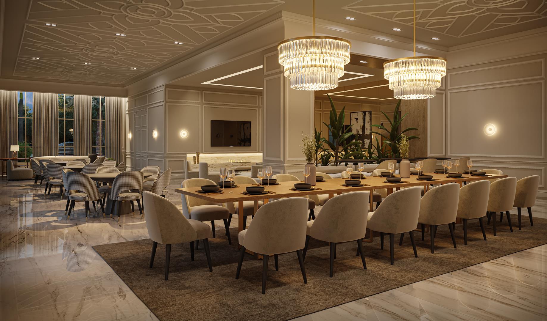 Salão de Festas do Solaia Exclusive Residences em Maringá com lounges e cozinha industrial