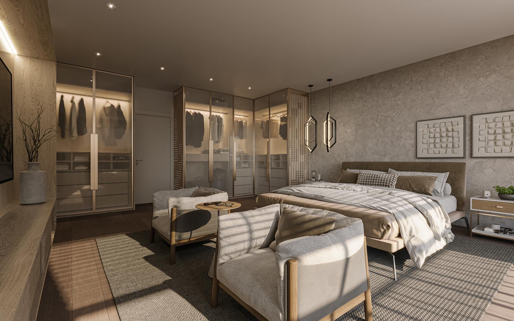Suíte master do apartamento Solaia com hidromassagem e closet de 45,37m²