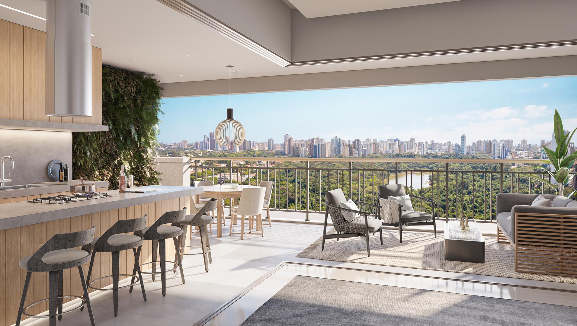 Varanda gourmet do apartamento Solaia com churrasqueira a carvão e vista do parque