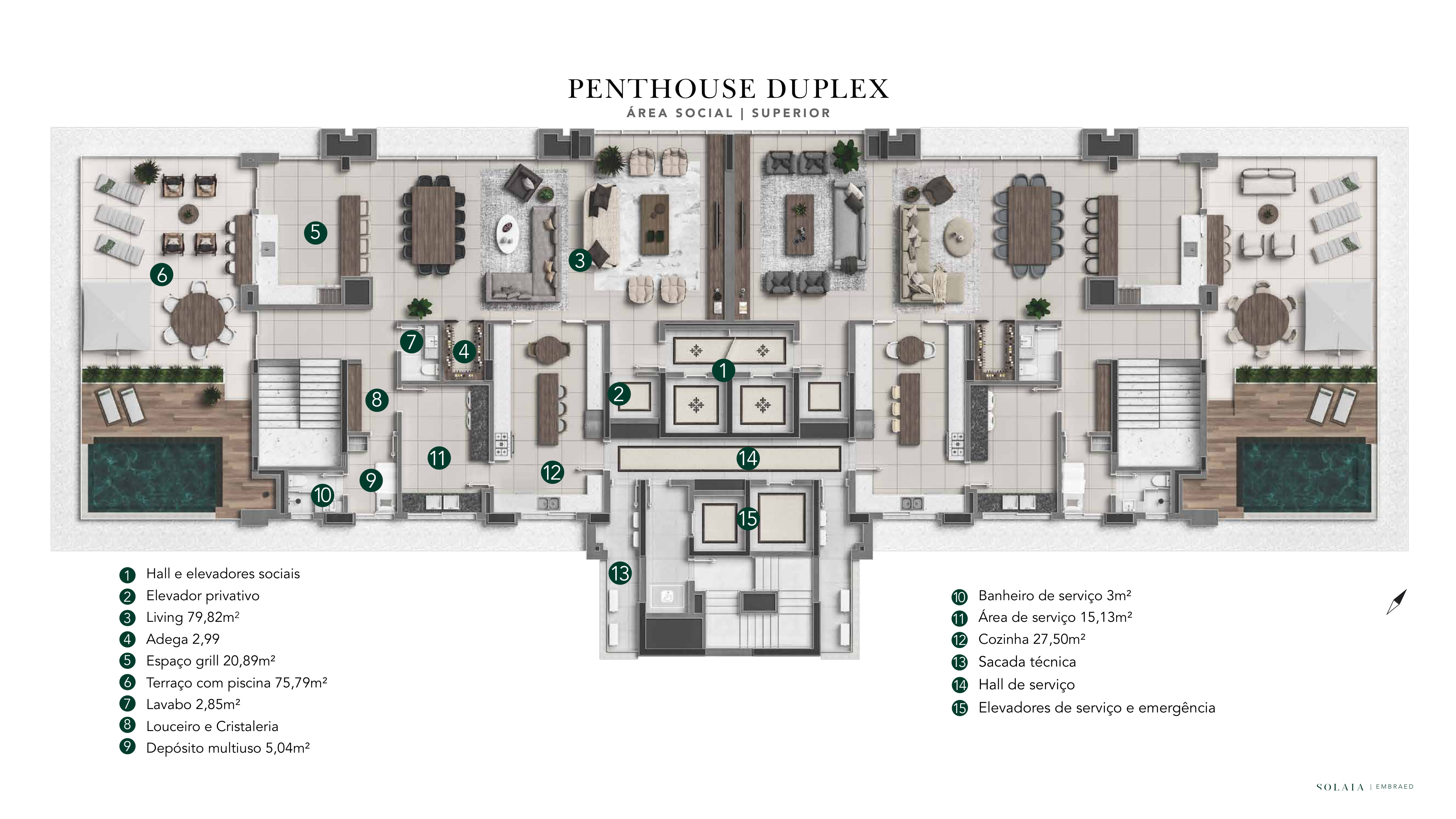 Planta Penthouse Duplex Solaia 579,71m² pavimento social com living, terraço e piscina em Maringá