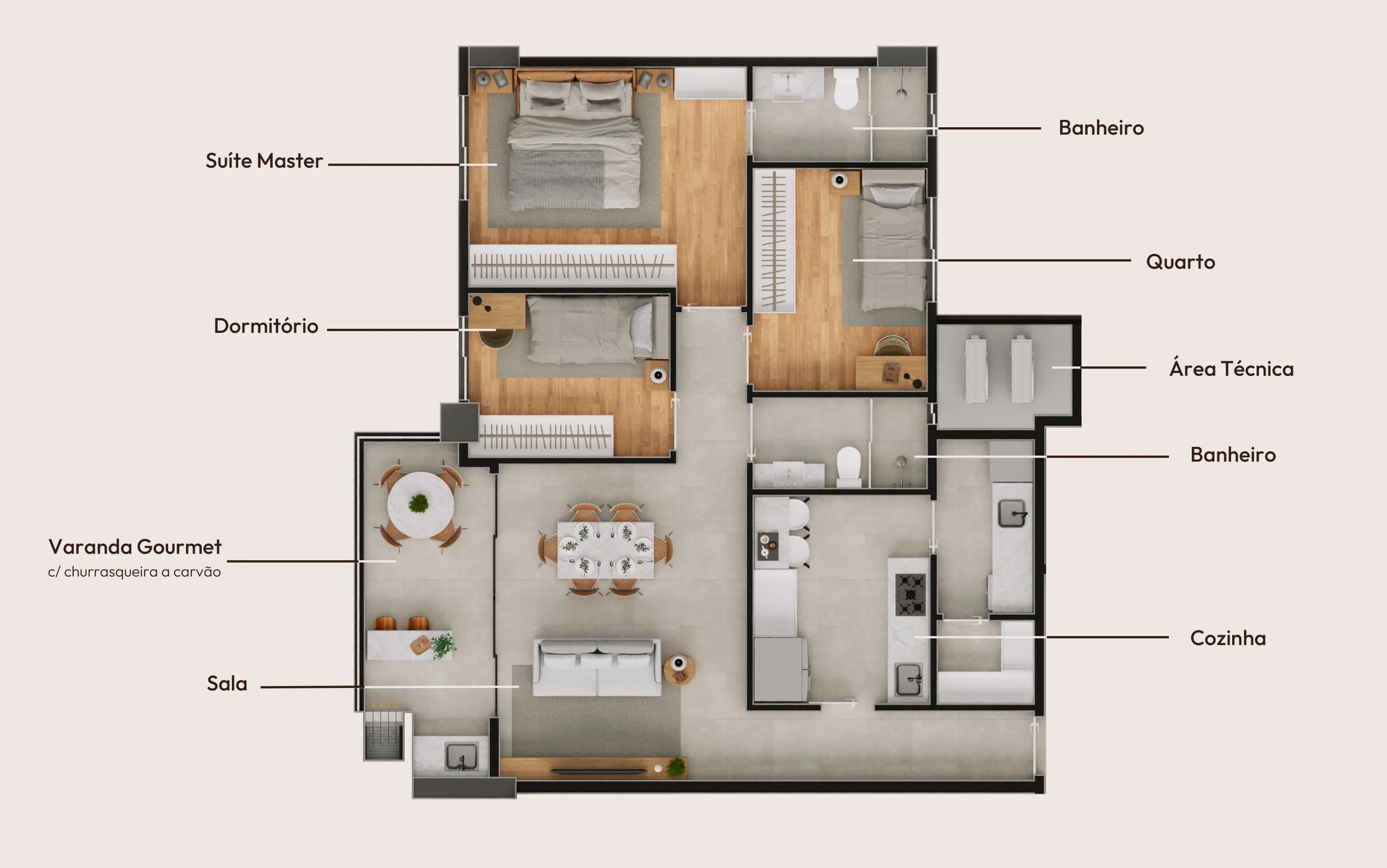 Planta do Solum Maringá Final 1 com 90,67 m², 1 suíte e 2 quartos e varanda gourmet