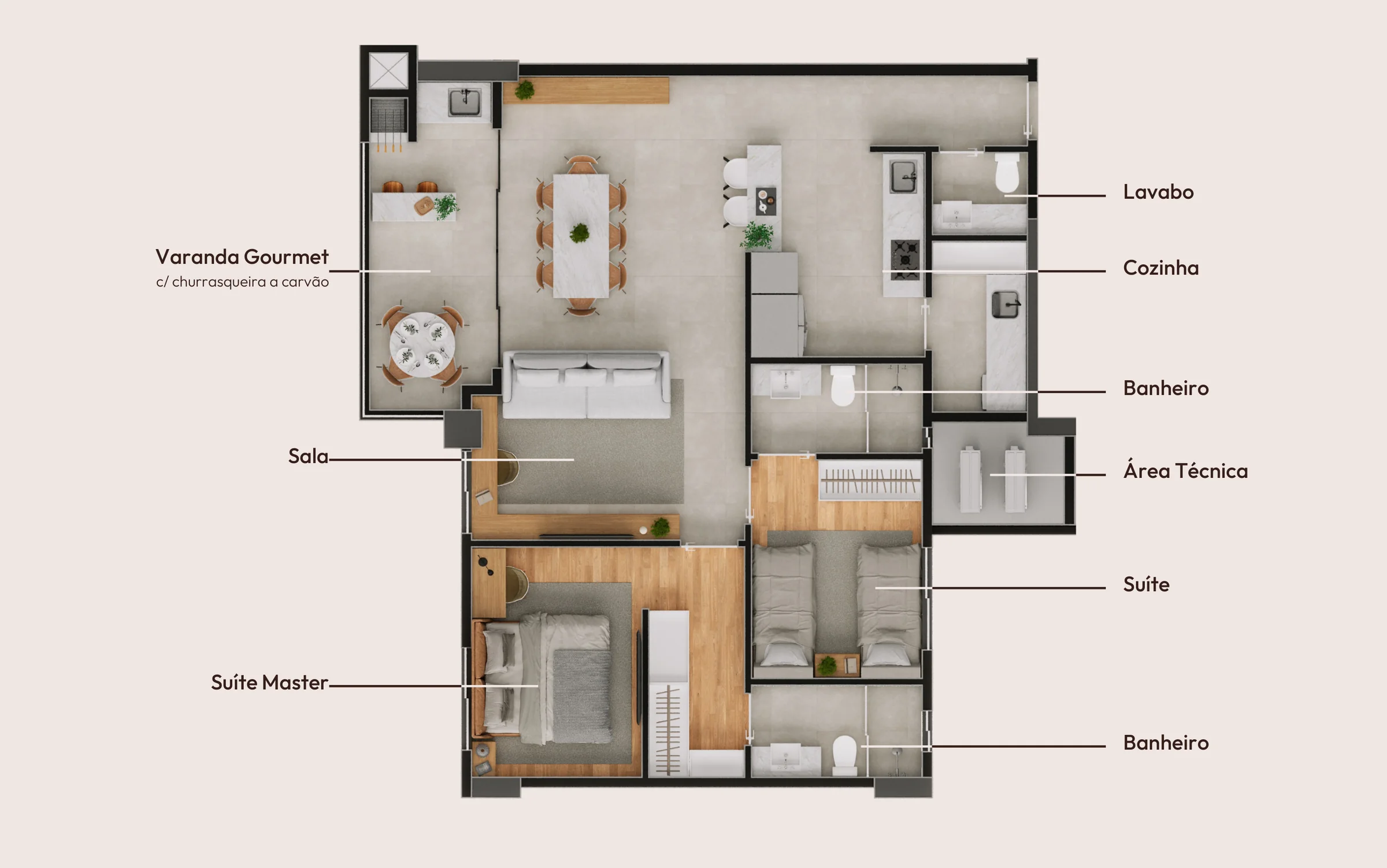 Planta do Solum Maringá Final 2 com 90,67 m², 2 suítes, lavabo e varanda gourmet