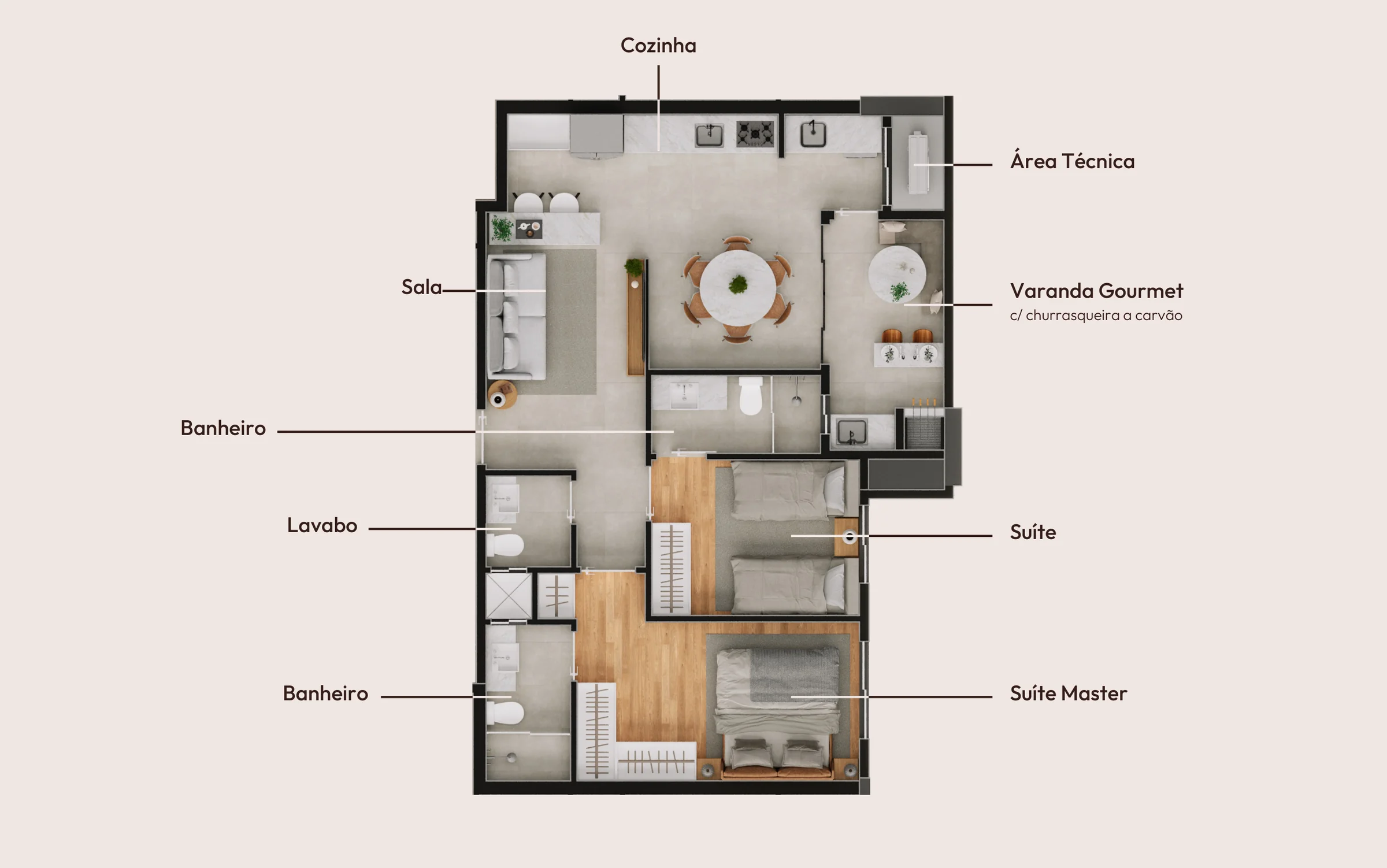 Planta do Solum Maringá Final 4 com 69,69 m², 2 suítes e varanda gourmet