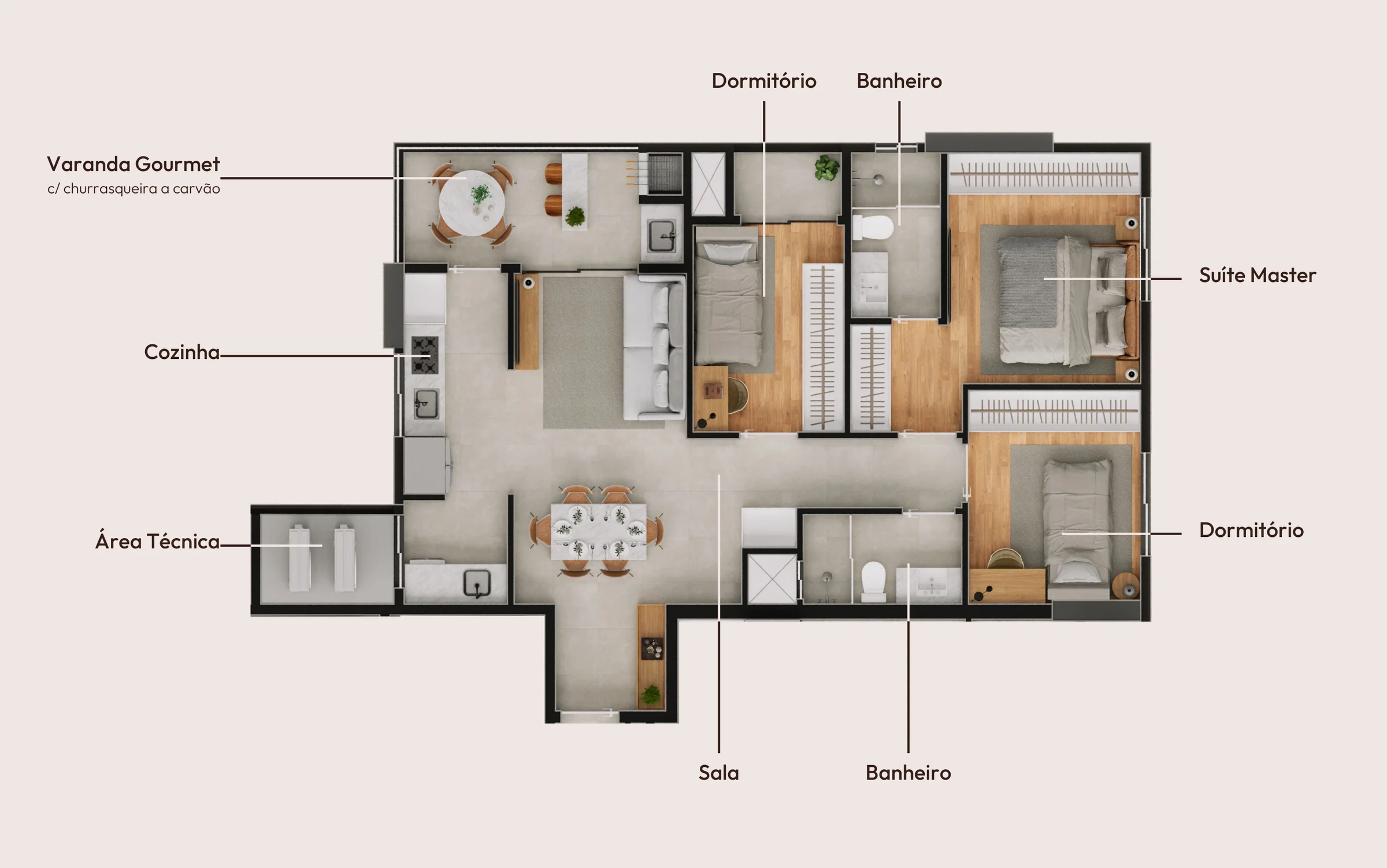 Planta do Solum Maringá com 80,15 m², suíte master, dois dormitórios e varanda gourmet