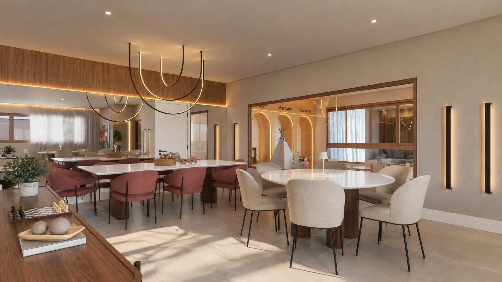 Salão de festas do Solum Maringá com interiores Laust Arquitetura