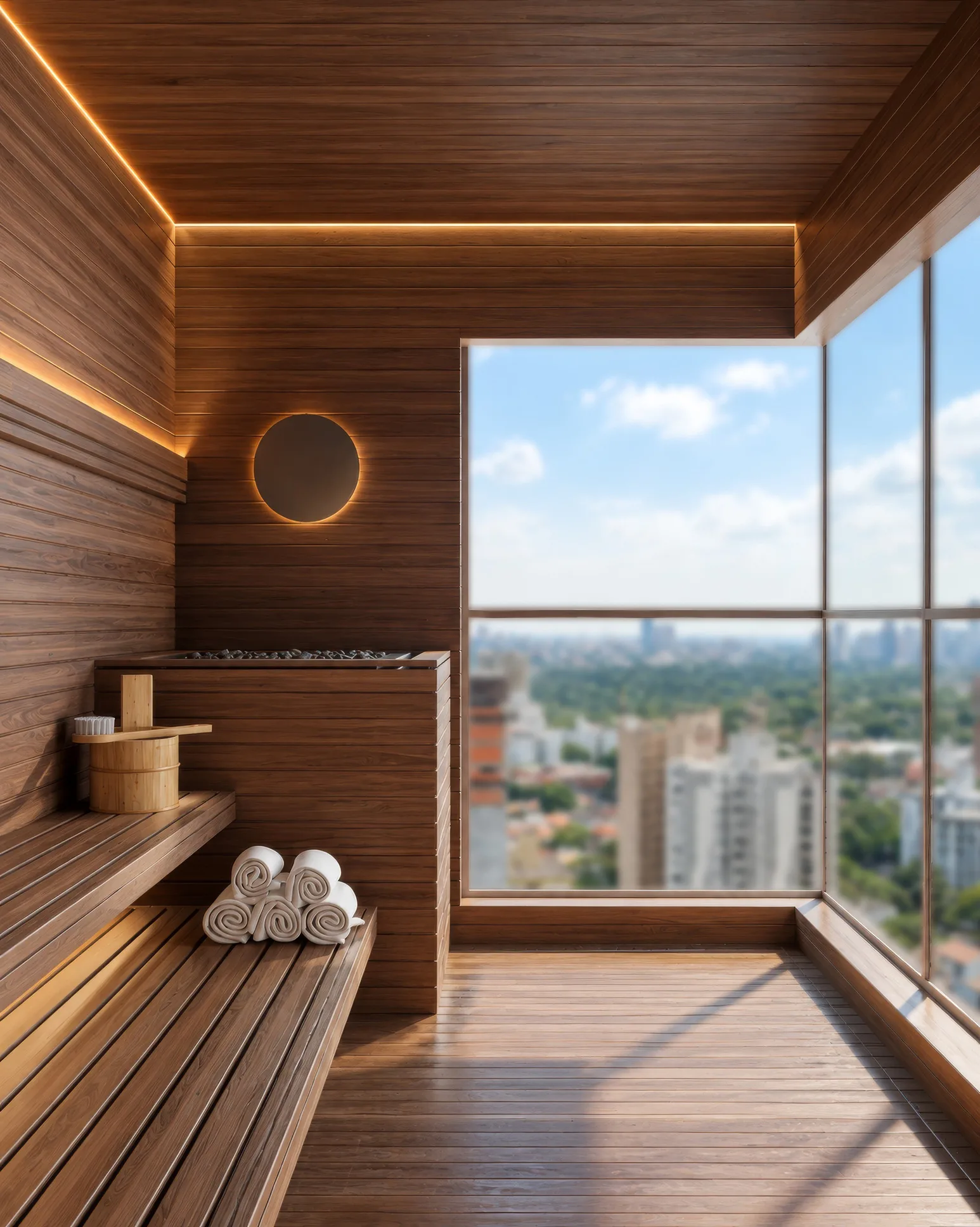Sauna com janela panorâmica no rooftop do Solum Maringá