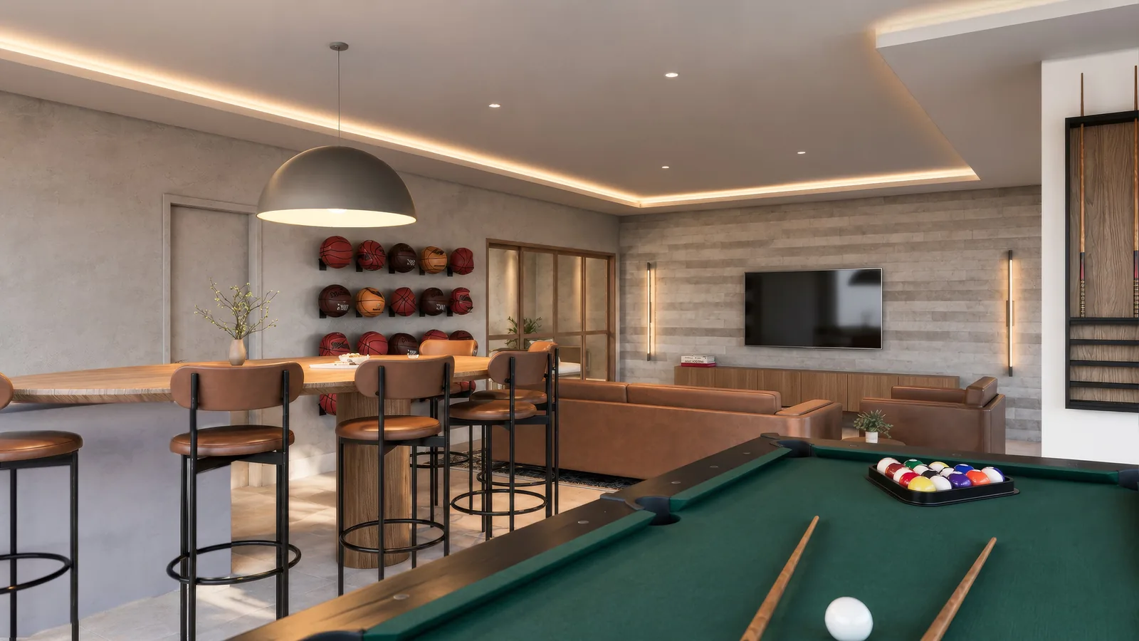 Sports bar com mesa de sinuca no rooftop do Solum Maringá