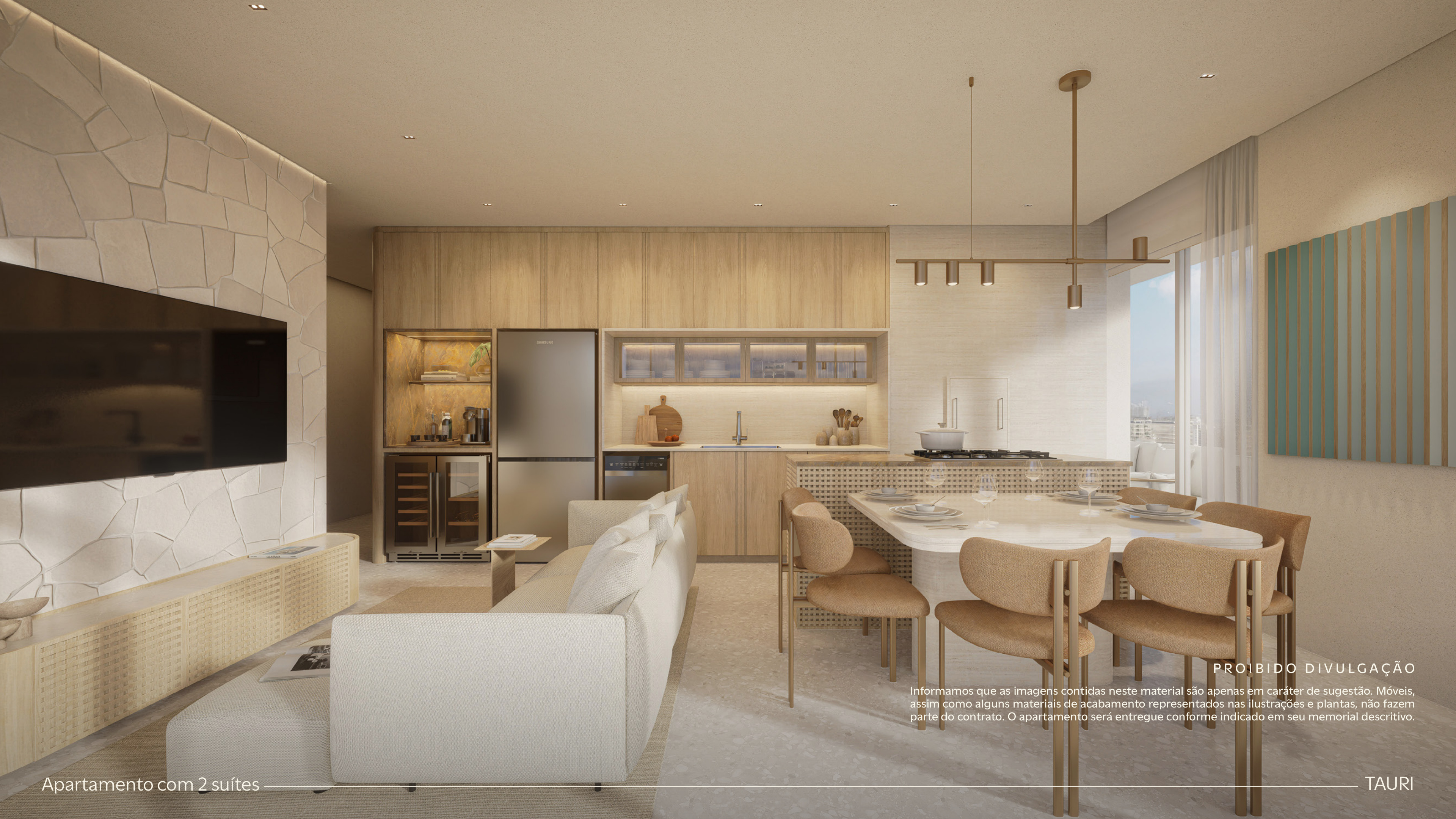 Living integrado do apartamento Tauri com 2 suítes em Porto Belo