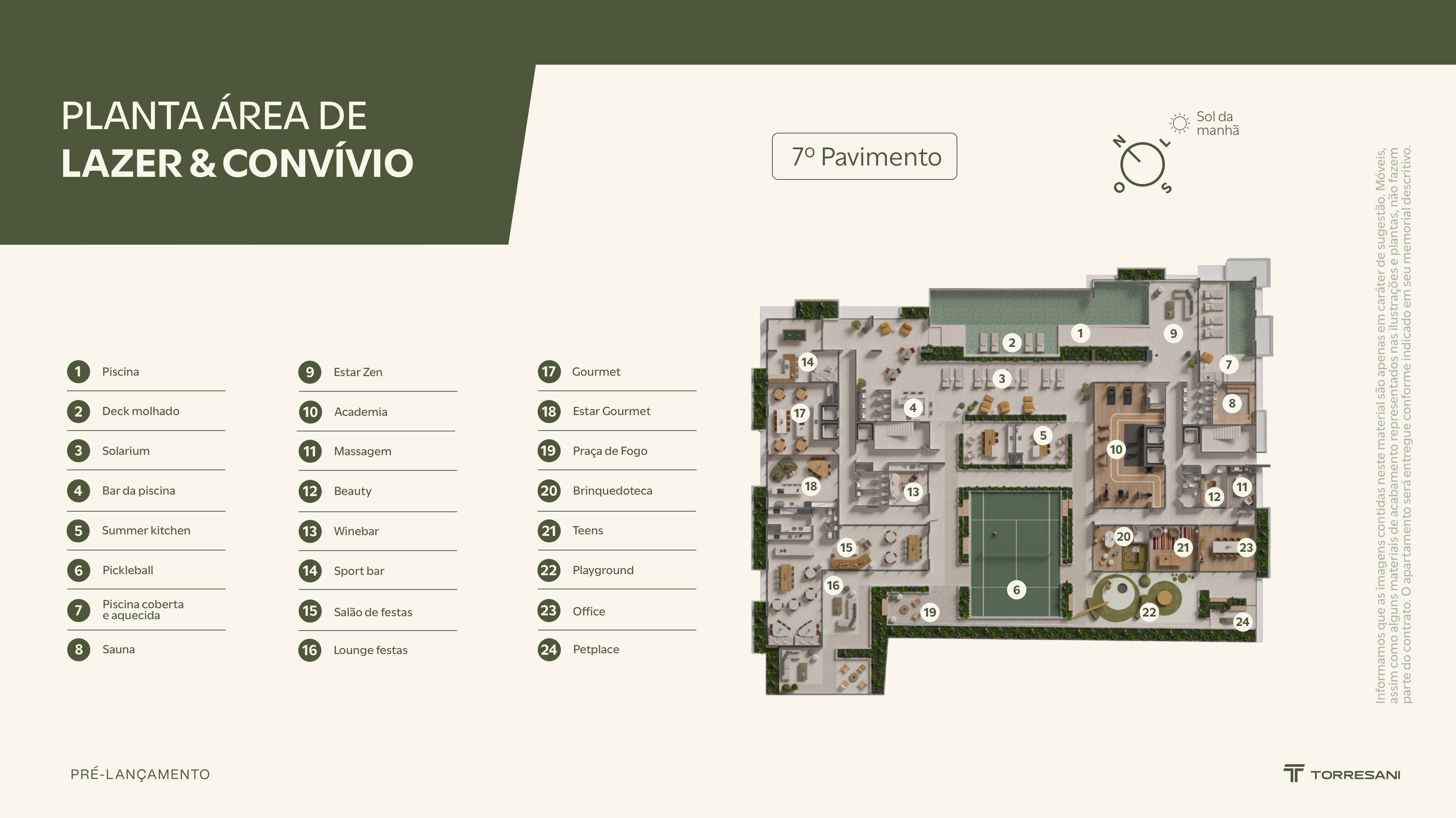 Planta da área de lazer e convívio do Tauri Porto Belo no 7º pavimento, com 24 itens