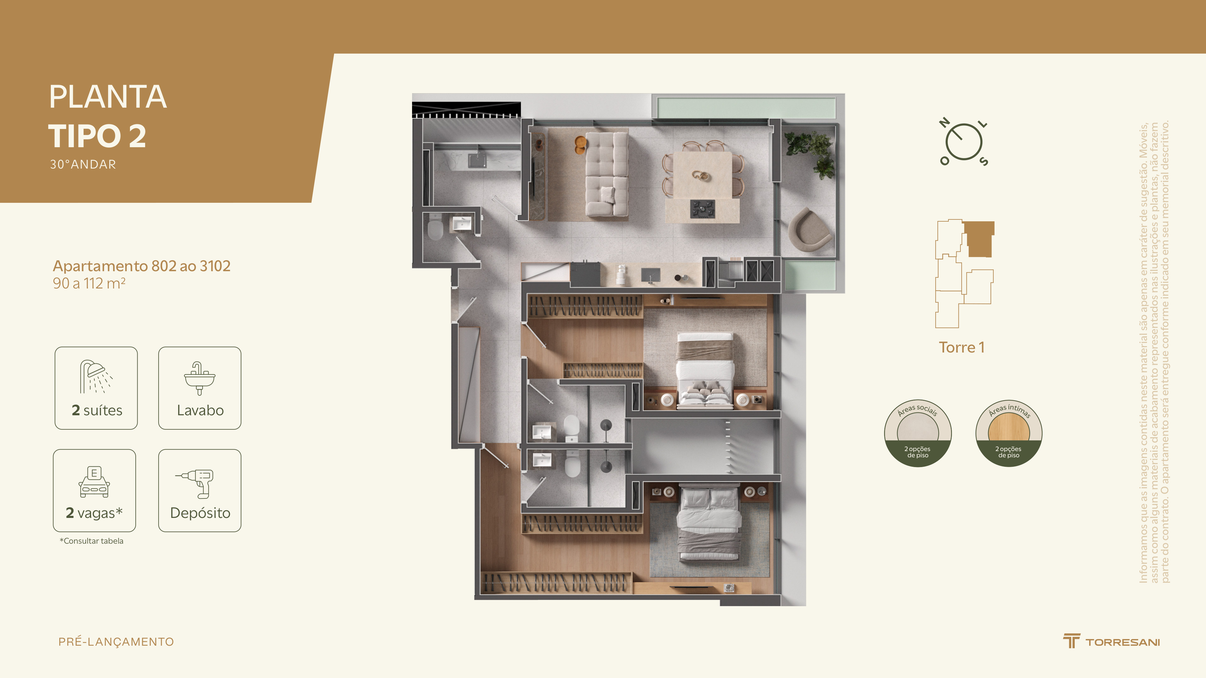Planta baixa Tipo 2 do Tauri Porto Belo: 2 suítes, 2 vagas, 90 a 112 metros quadrados, Torre 1