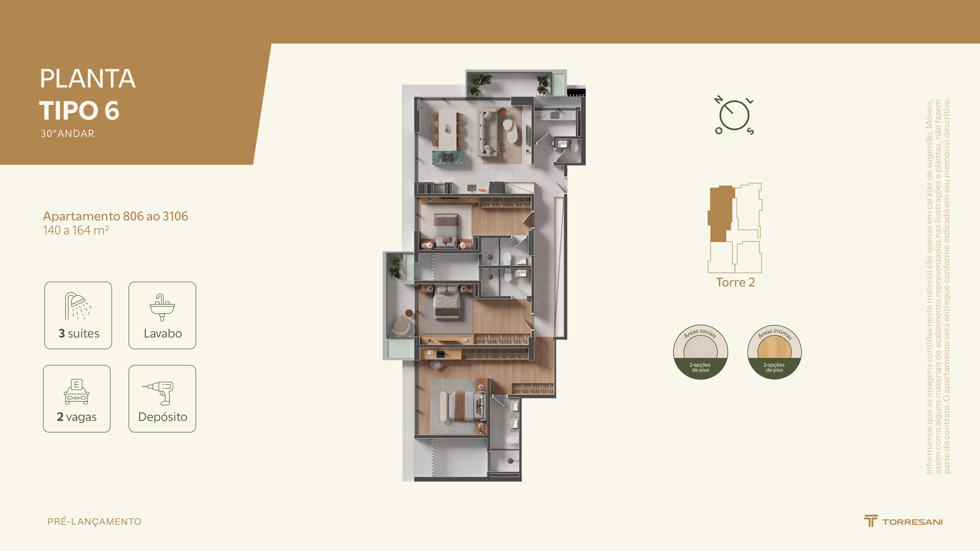 Planta baixa Tipo 6 do Tauri Porto Belo: 3 suítes, 2 vagas, 140 a 164 metros quadrados, Torre 2