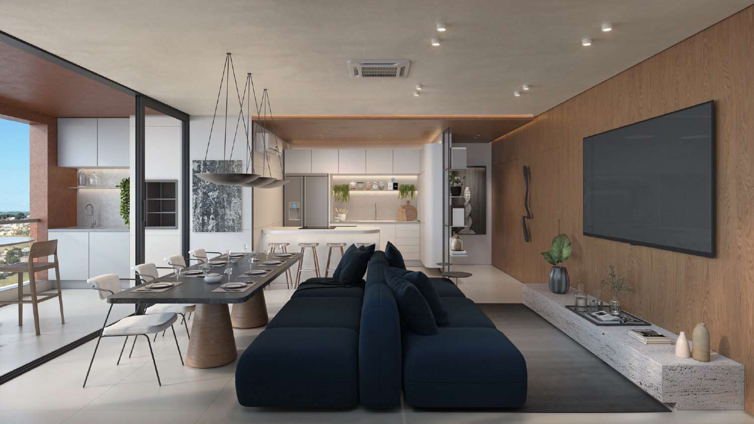 Living integrado apartamento decorado Terraço Jardins