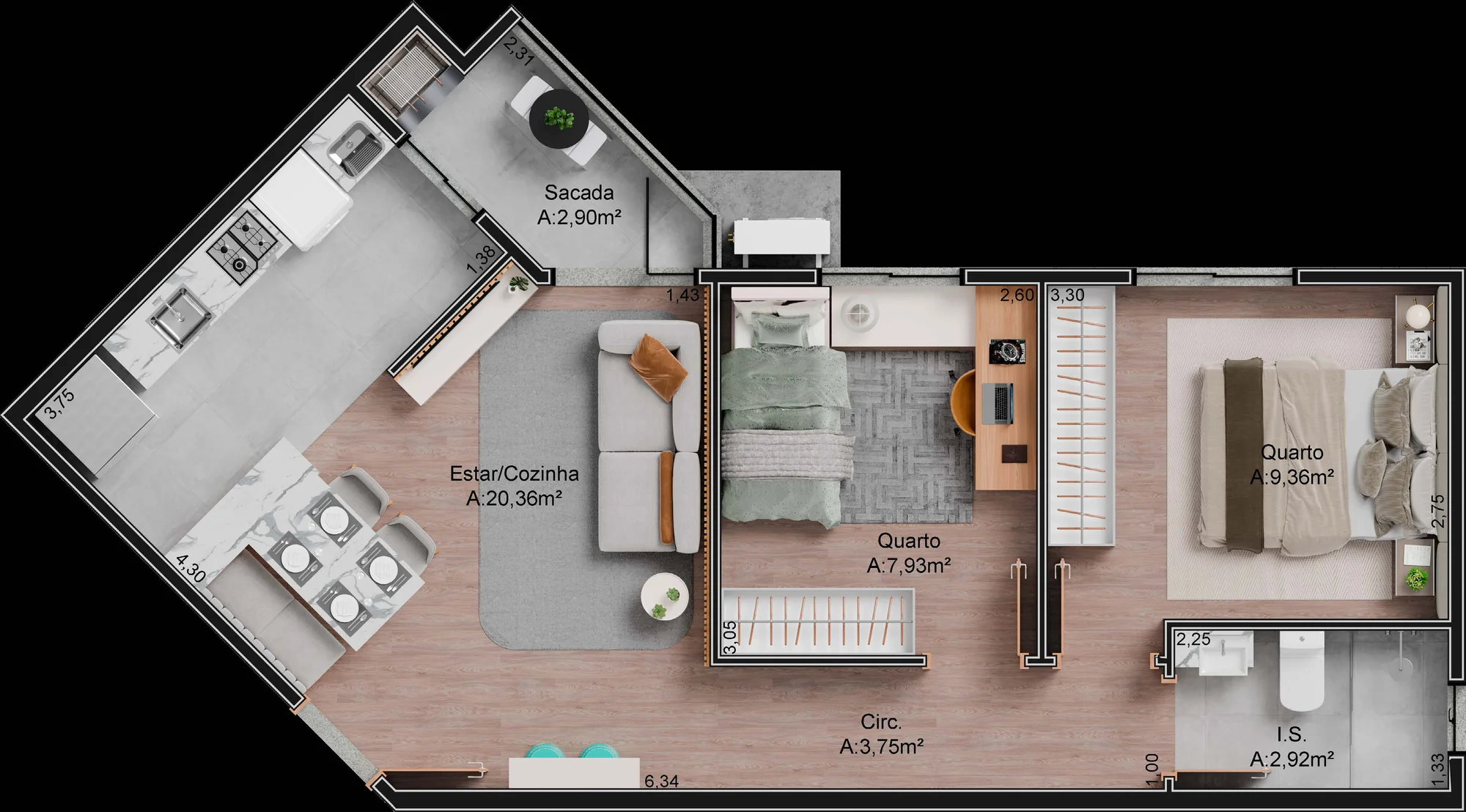 Planta baixa do Torres Douro Residencial – 54m² em Maringá