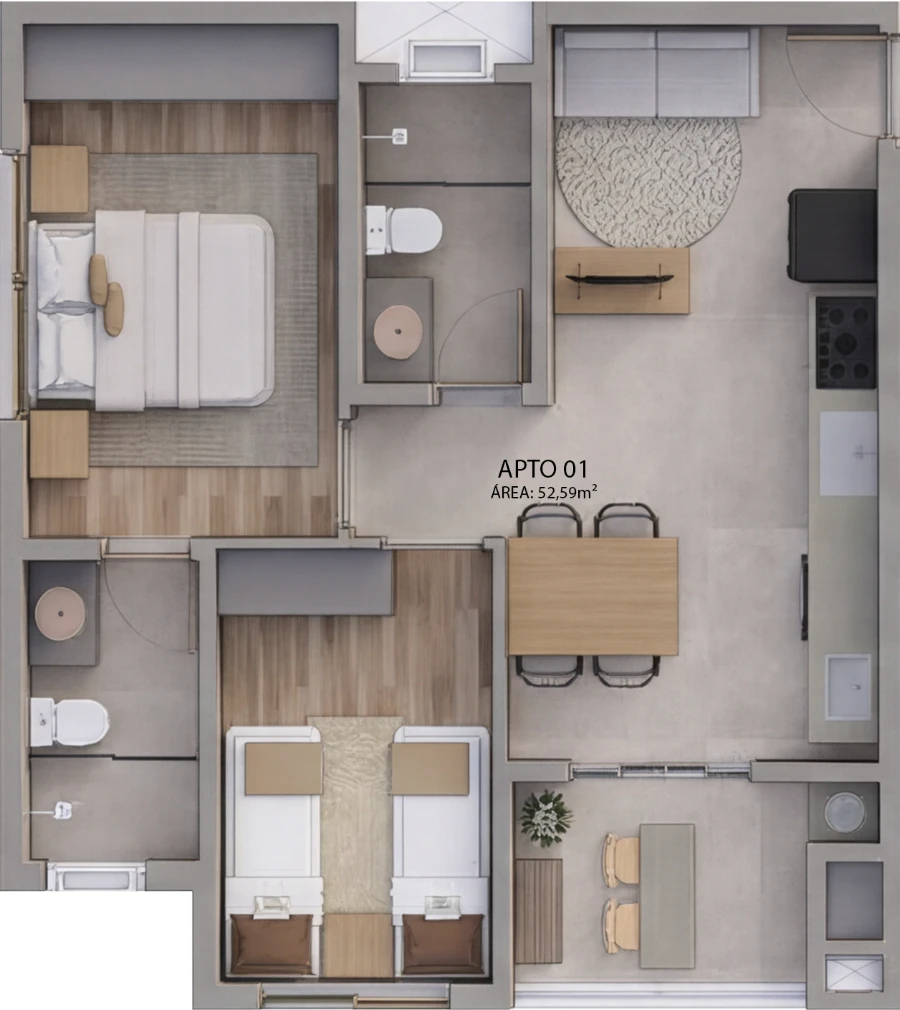 Planta baixa completa do Apto 01 (52,59m²) no Villa Felicità Maringá