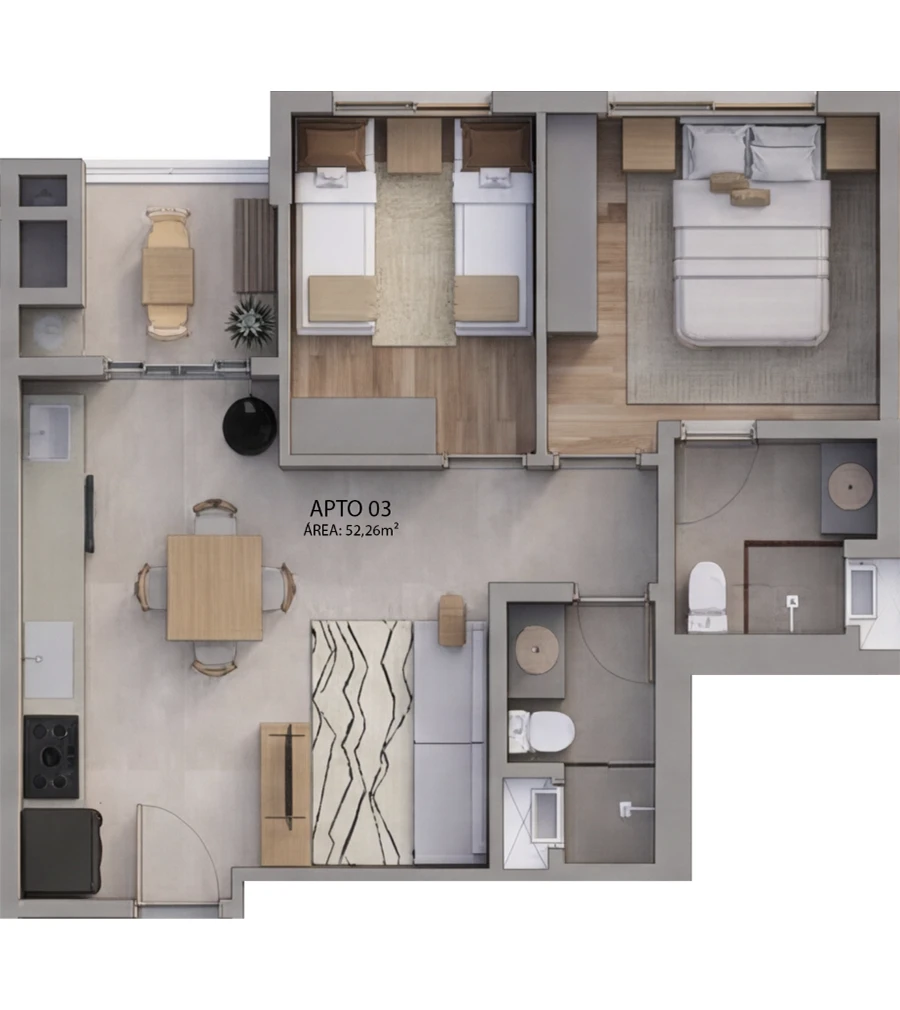Planta baixa completa do Apto 03 (52,26m²) no Villa Felicità Maringá