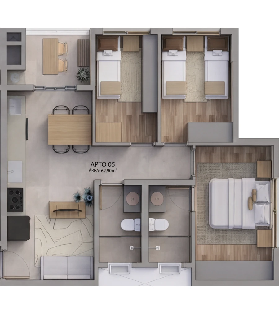 Planta baixa completa do Apto 05 (62,90m²) no Villa Felicità Maringá