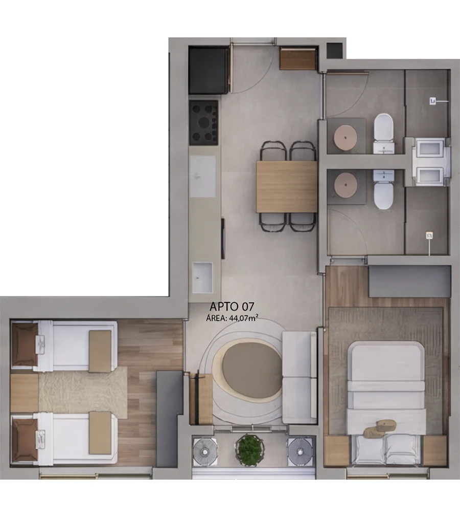 Planta baixa completa do Apto 07 (44,07m²) no Villa Felicità Maringá