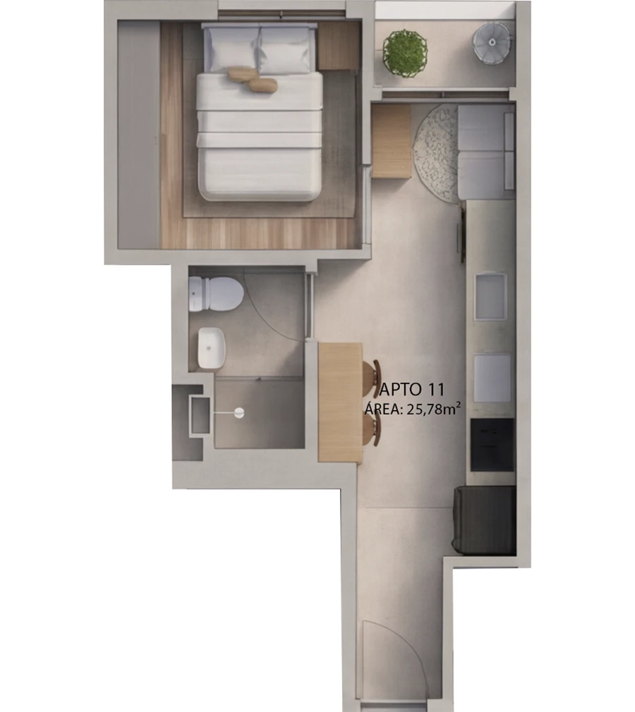 Planta baixa completa do Apto 11 (25,78m²) no Villa Felicità Maringá