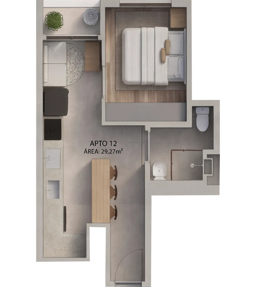 Planta baixa completa do Apto 12 (29,27m²) no Villa Felicità Maringá