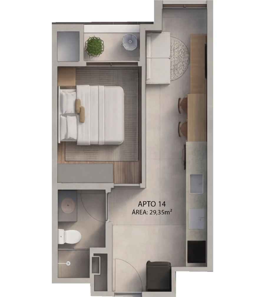 Planta baixa completa do Apto 14 (29,35m²) no Villa Felicità Maringá