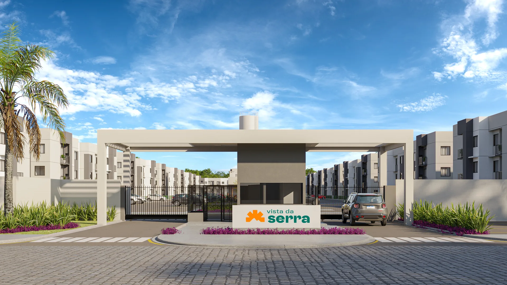 Perspectiva externa do Residencial Vista da Serra Joinville – conjunto de 16 torres com paisagismo no Jardim Sofia