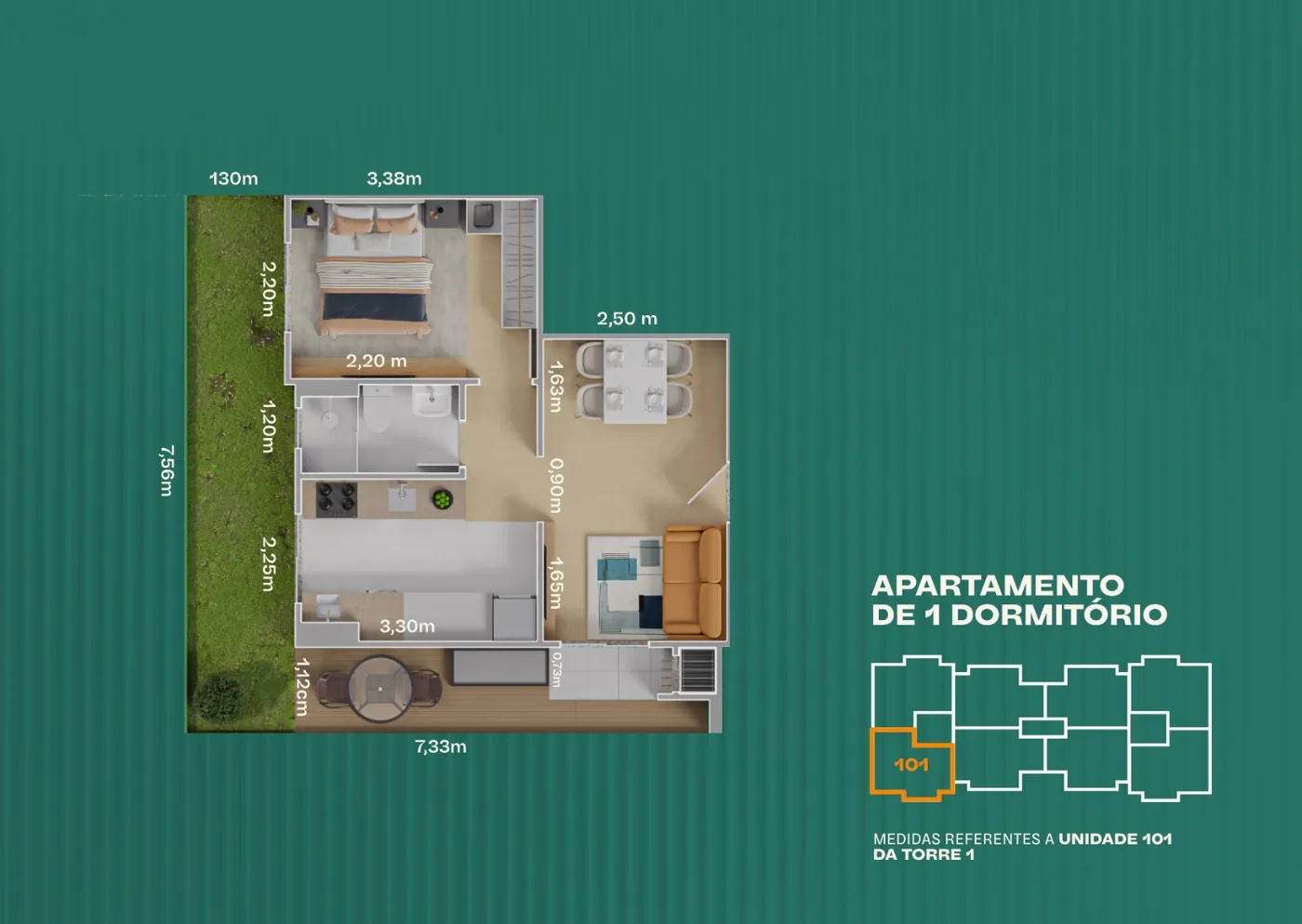 Planta baixa apartamento 1 quarto Vista da Serra Joinville – 38,14 m² com sacada e churrasqueira