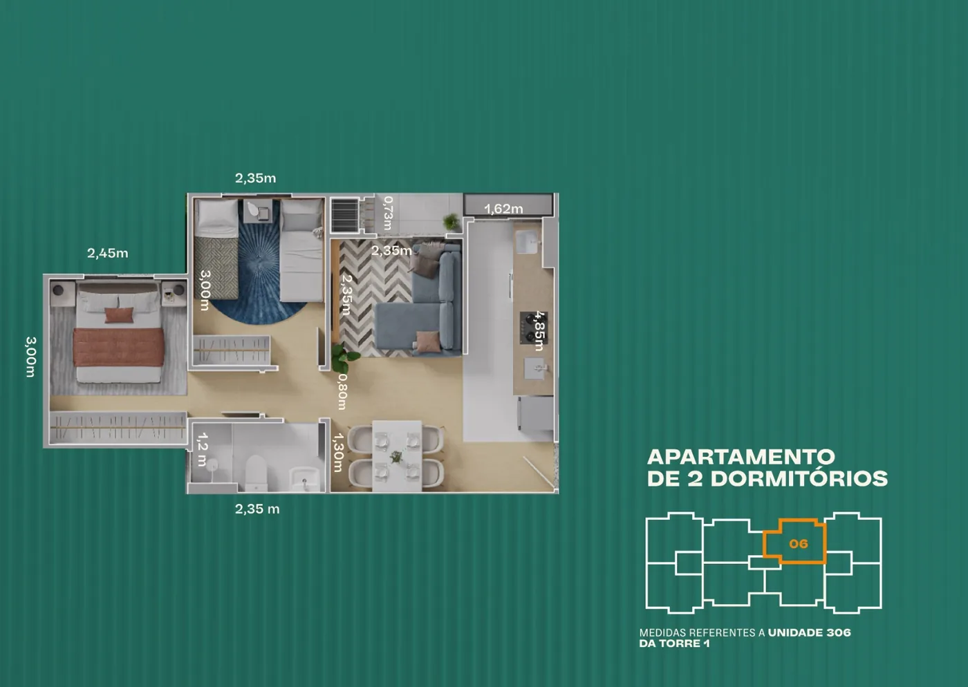 Planta baixa apartamento 2 quartos meio Vista da Serra Joinville – 44,47 m² com churrasqueira na sacada