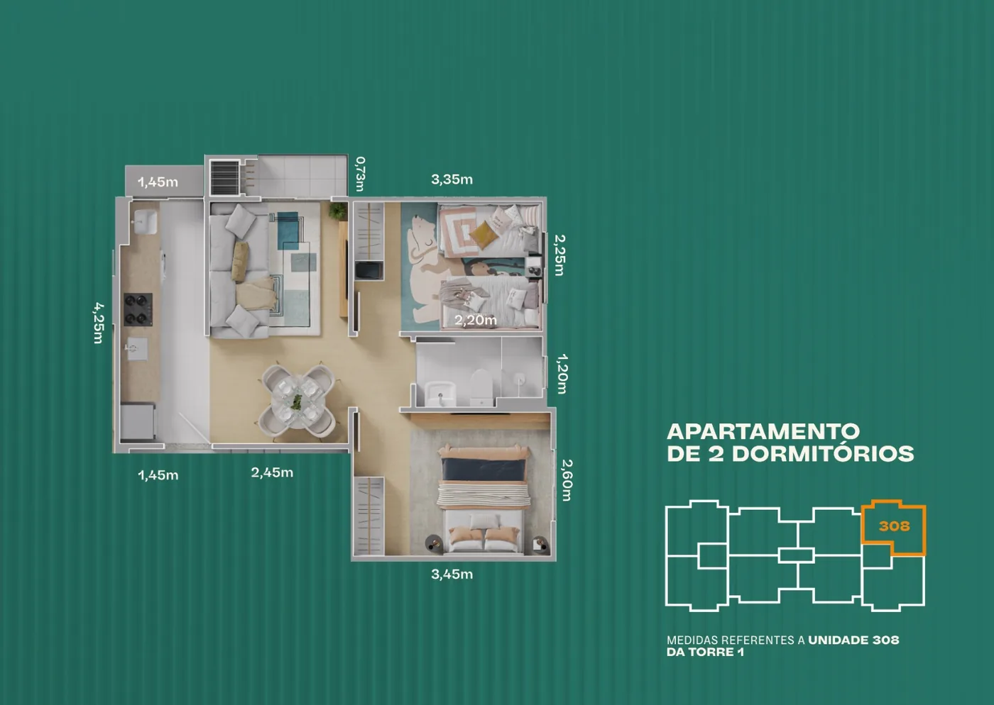 Planta baixa apartamento 2 quartos ponta Vista da Serra Joinville – 45,30 m² com iluminação extra