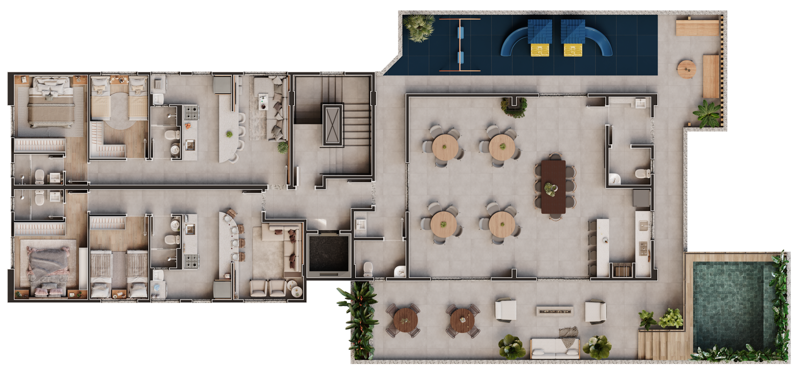 Planta A do Yaos com 58m², 2 dormitórios e suíte