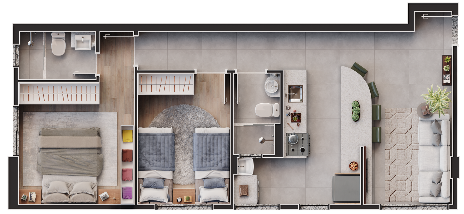 Planta I do Yaos com 49m² compacto inteligente